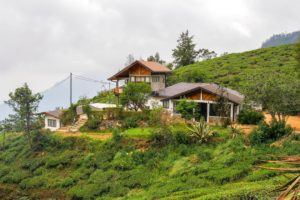 Unser Hotel in Ohiya in den Bergen an einem Hang zwischen grünen Teefeldern.