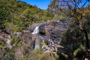 Ein kleiner Wasserfall läuft über Felsen inmitten von grün bewaldetem Bergen im Horton Plains Nationalpark.