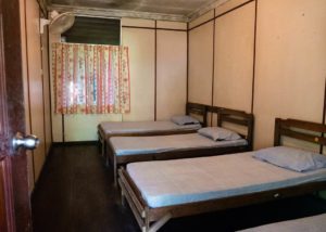 4 Betten stehen in einem kleinen Zimmer im Forest Hostel.