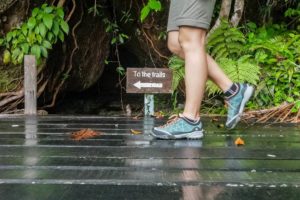 Farina läuft über Holzplanken zu den Wanderwegen des Bako Nationalparks.