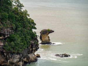 Der Kobrafelsen steht im Wasser an der Küste des Bako Nationalparks.