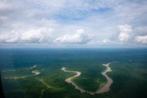 Brauner Regenwaldfluss im grünen Dschungel im Herzen von Borneo