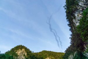 Fledermäuse fliegen in großen Gruppen über den abendlichen Himmel