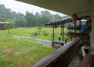 Unterkunft bei Tropenregen, Longhouse im Mulu Nationalpark