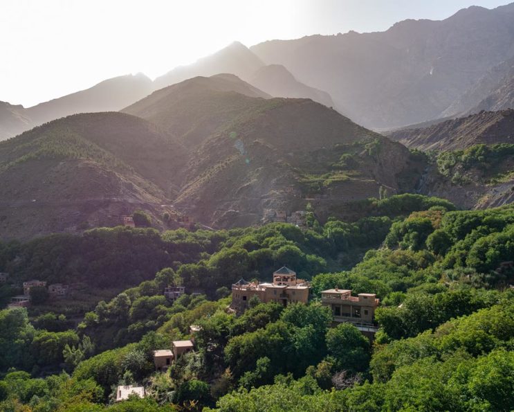 Kasbah du Toubkal umgeben von grünen Walnussbäumen und dem Atlasgebirge